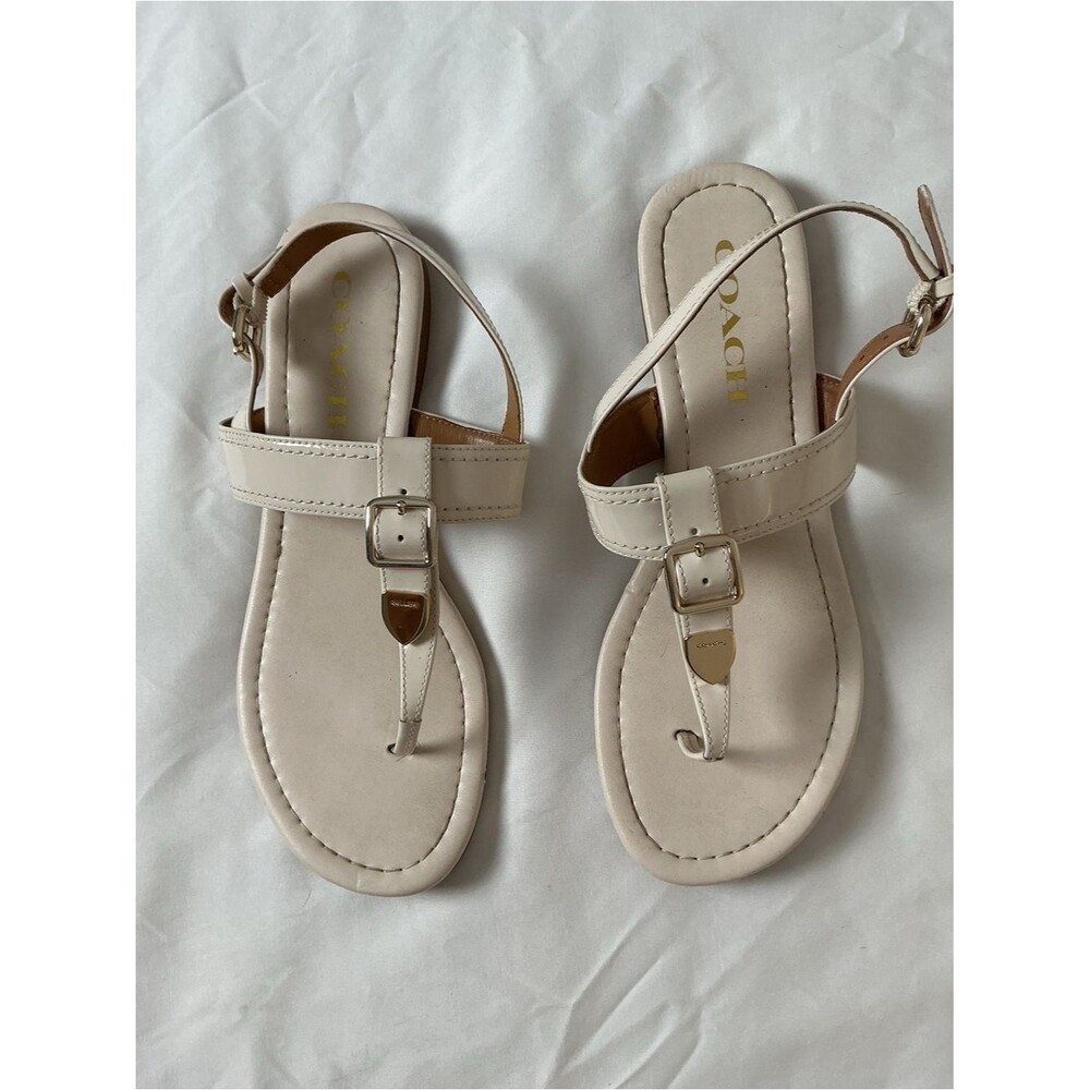 Coach Cassidy Cream Patent Leather T-Strap Flat Sandals 6.5